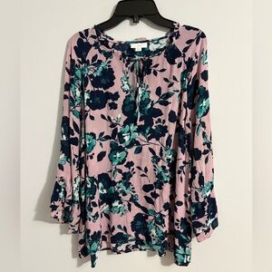 J.Jill Women's Floral Print Top Double Flounce 3/4 Sleeve Mauve Navy Sz M Petite